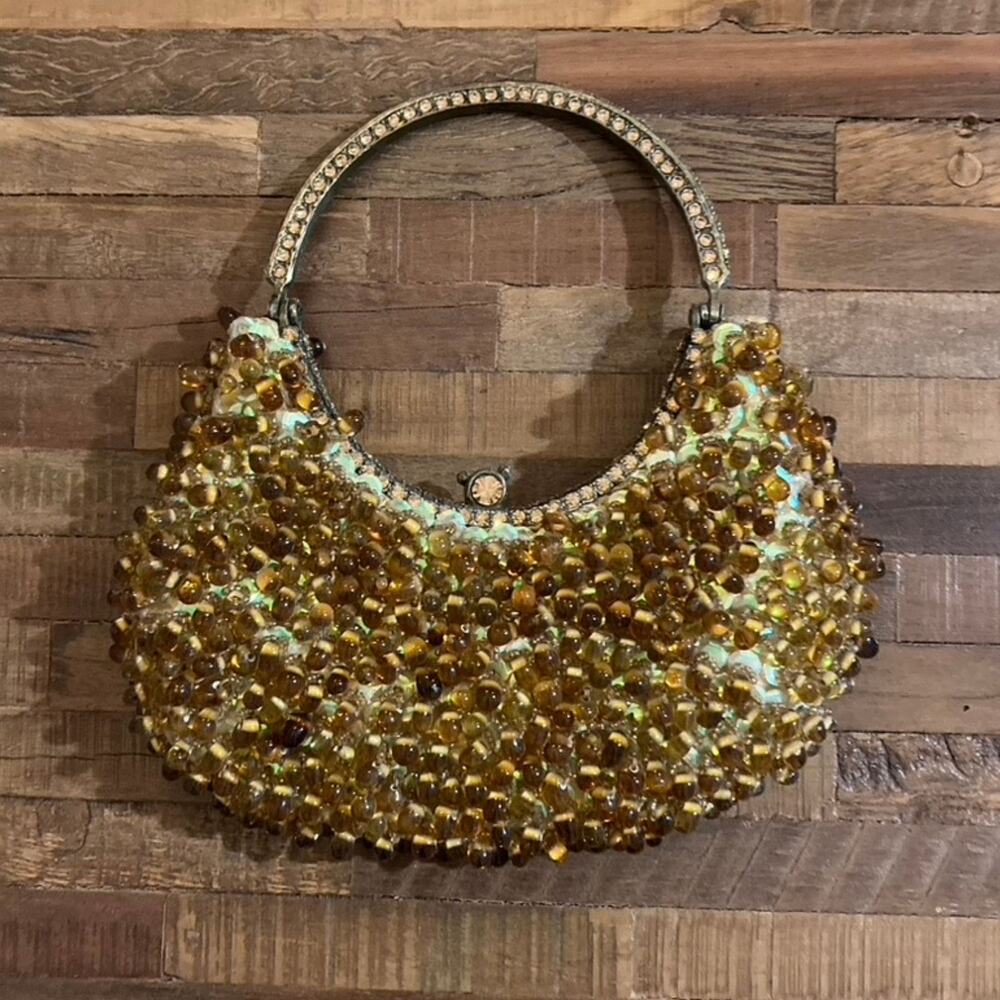 Clara Kasavina Amber Glass Beaded Evening Bag – Swarovski Handle, Handmade, Rare